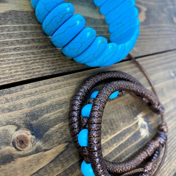 Chunky Turquoise And Leather Bracelet Set - Picture 5 of 8